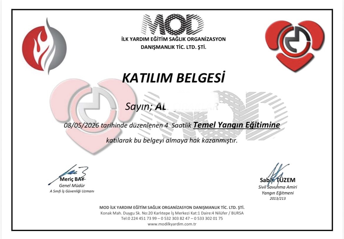 Yangın Eğitim Sertifikası(Kişisel Bilgilerin Olduğu Alanlar Kapatılmıştır)
